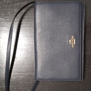 Coach Navy Leather Wallet Bag with Gold Zipper